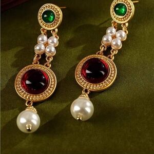 Elegant Gold Earrings with Pearl and Jewel Accents